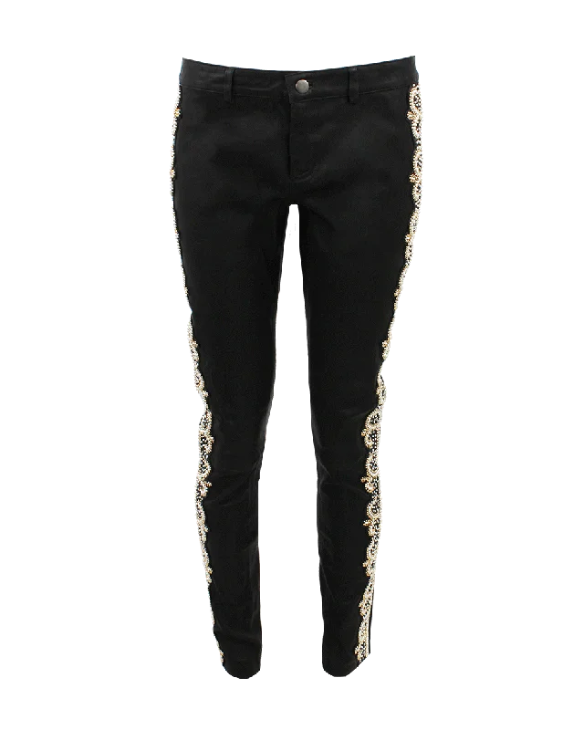 Pearl Embellished Leather Pants Comfy Zip-Up Pants