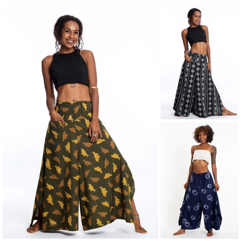 Assorted Set of 3 Women's Cotton Palazzo Pants with Faux Buttons Chic Slim Fit Pants
