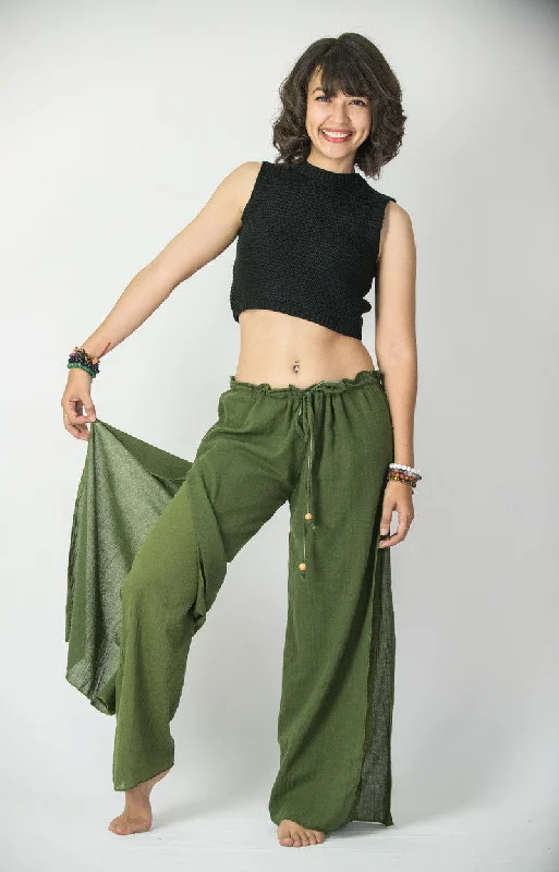 Women's Thai Harem Double Layers Palazzo Pants in Solid Green Modern Stretch Trousers