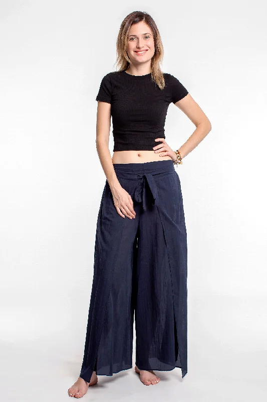 Women's Cotton Wrap Palazzo Pants in Solid Navy Relaxed Linen Pants