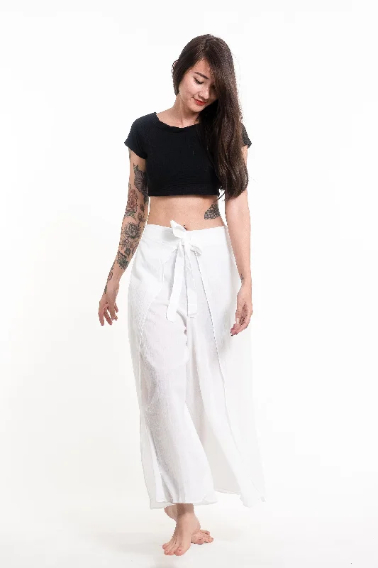 Women's Cotton Wrap Palazzo Pants in Solid White Elegant Silk Pants