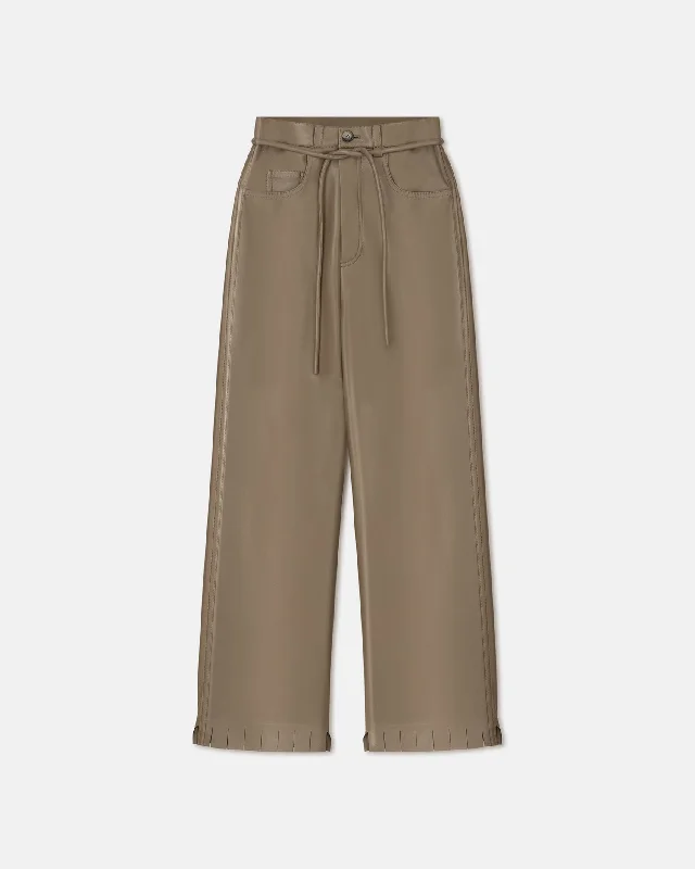 Harlee - Belted Regenerated Leather Pants - Muted Khaki Trendy Palazzo Pants