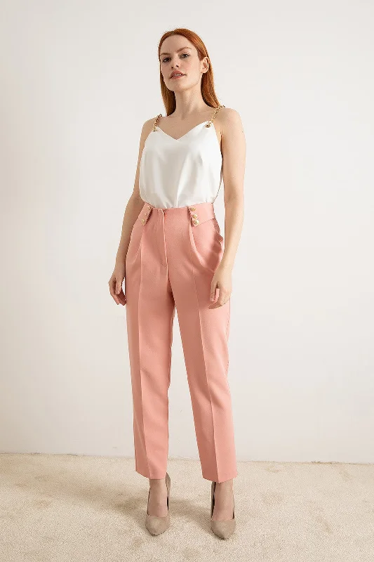 Female Gold Button Detailed Pants Modern Stretch Trousers