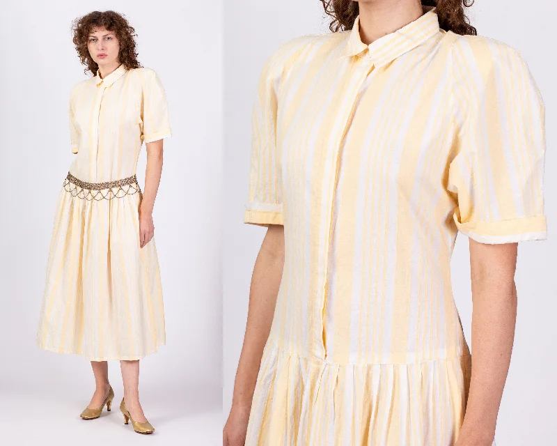 80s Yellow Striped Drop Waist Dress - Large
