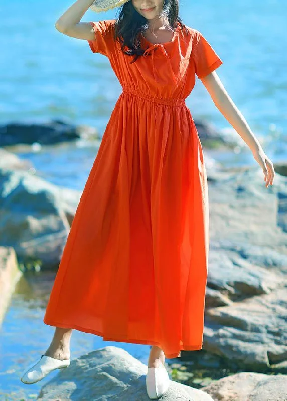 Style o neck drawstring cotton quilting clothes Work Outfits orange red long Dresses summer Style o neck drawstring cotton quilting clothes Work Outfits orange red long Dresses summer