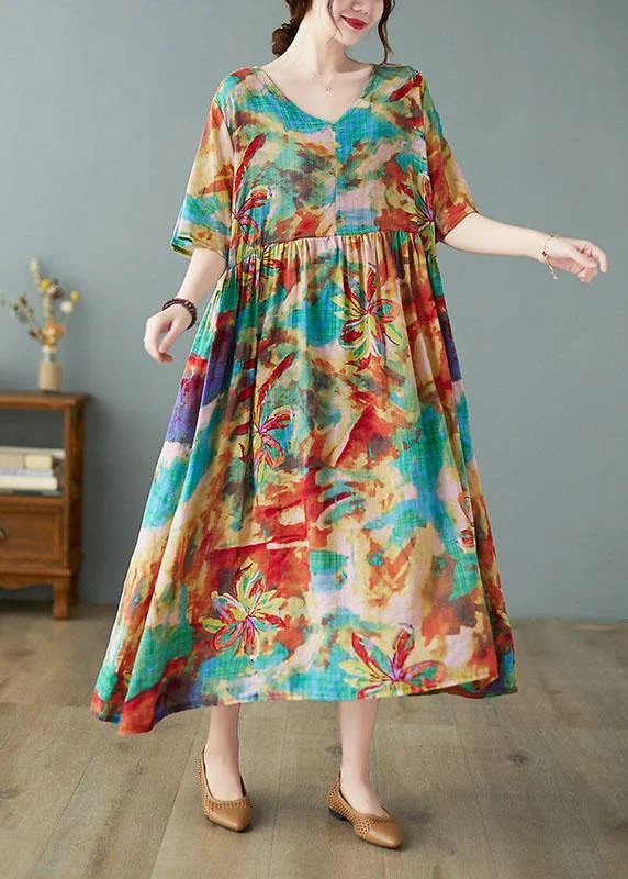 Handmade Print V Neck Patchwork Pockets Summer Long Dresses Half Sleeve