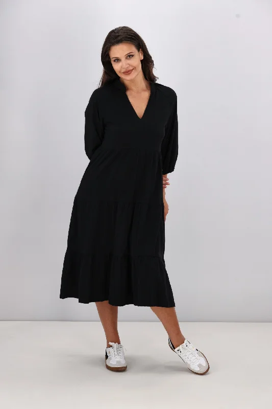 Shine On Essentials 3/4 Sleeve Tiered Dress Black