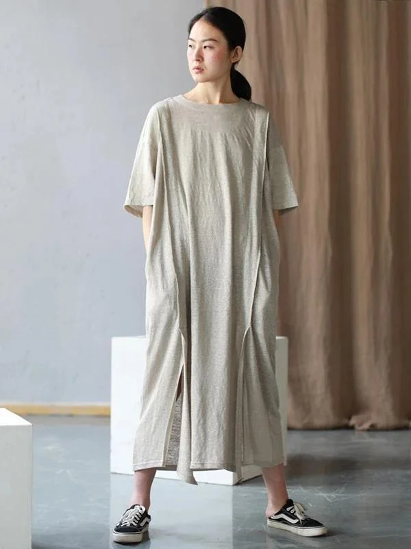 Style o neck side open cotton Tunics Work Outfits beige long Dresses summer