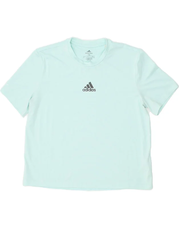ADIDAS Womens Aeroready T-Shirt Top UK 12/14 Medium Blue Polyester Print Jacquard Patchwork