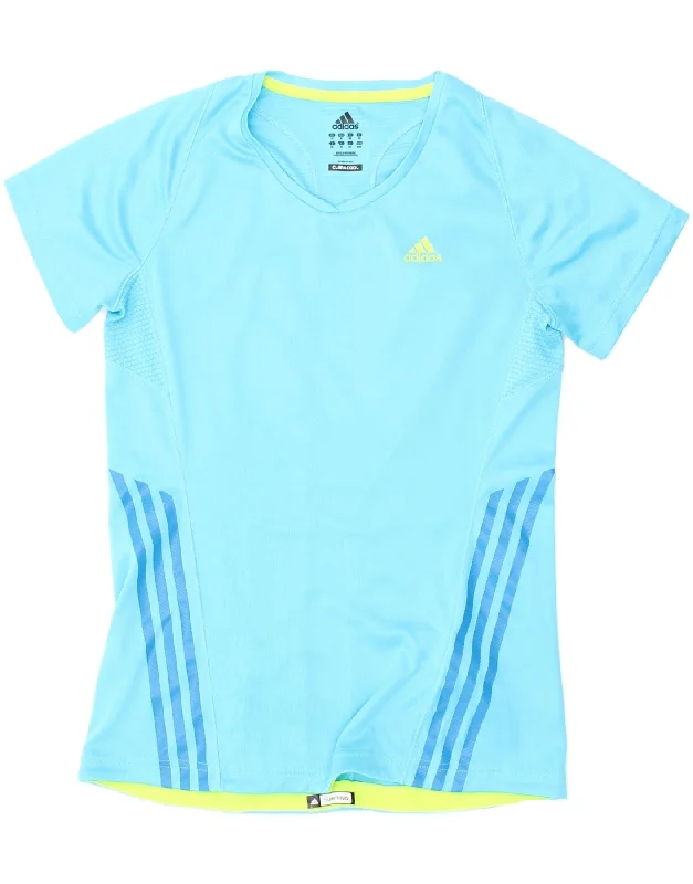 ADIDAS Womens Climacool Graphic T-Shirt Top UK 14 Medium  Blue Polyester Solid Color Striped Floral