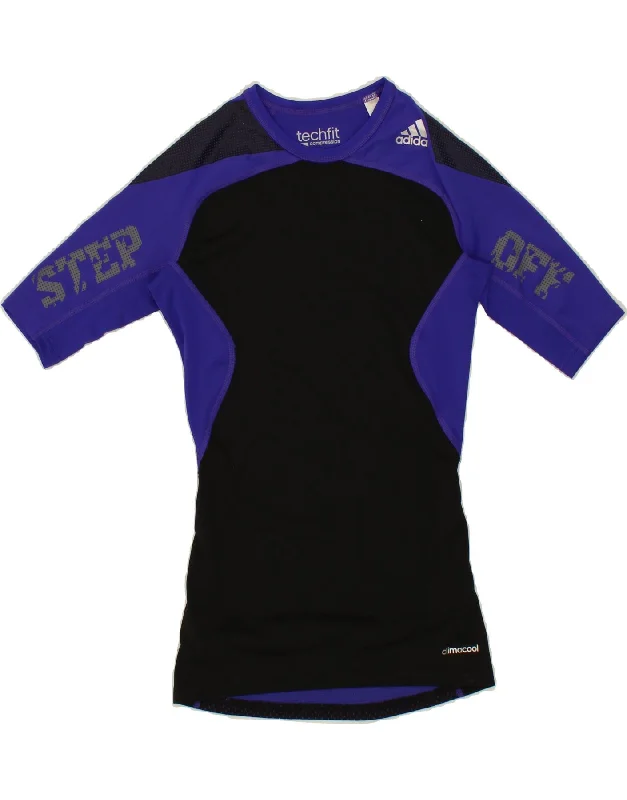 ADIDAS Womens Compression Graphic T-Shirt Top UK 10 Small Black Denim Fabric Leather Fabric Suede Fabric