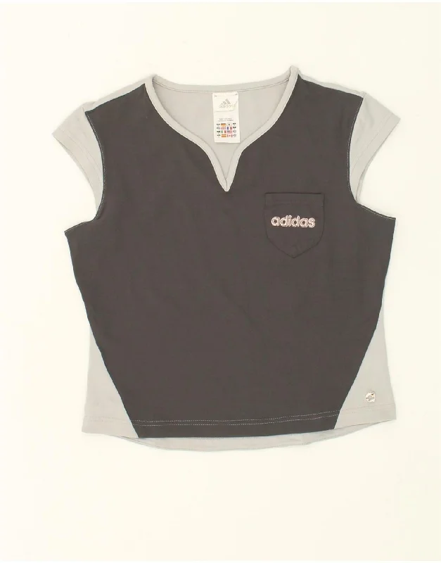 ADIDAS Womens Crop Graphic T-Shirt Top UK 14 Medium  Grey Colourblock Spandex Blend Rayon Blend Denim Blend