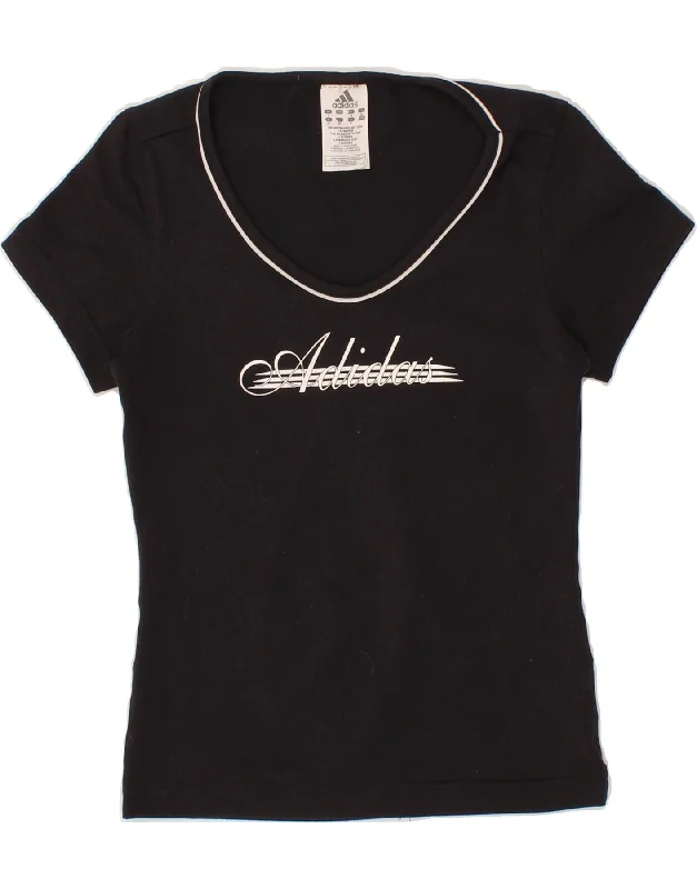 ADIDAS Womens Graphic T-Shirt Top UK 6 XS Black Polyester Terry Blend Velvet Blend Canvas Blend