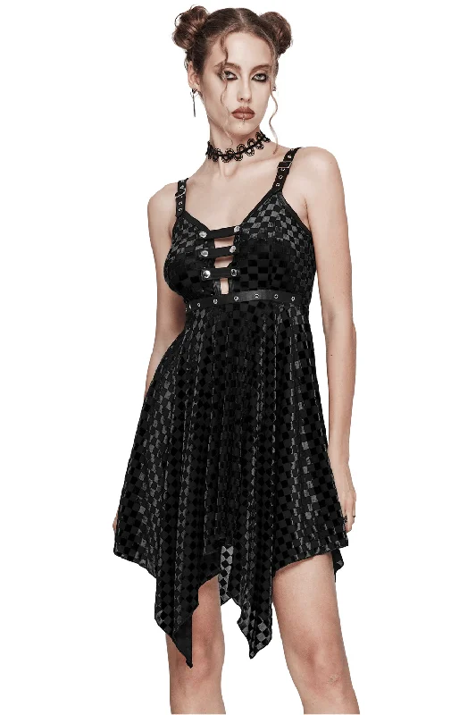 Black Velvet Plaid Asymmetrical Dress with Front Chest Loops