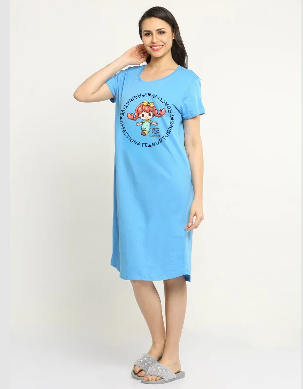 Cancer Zodiac Graphic Printed Cotton Night T-Shirt Dress for Women Striped Floral Plaid