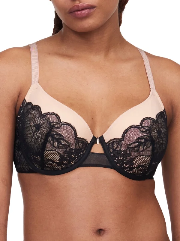 Midnight Flowers Covering T-Shirt Bra - Black Zippered Front Buttoned Front Snap Front