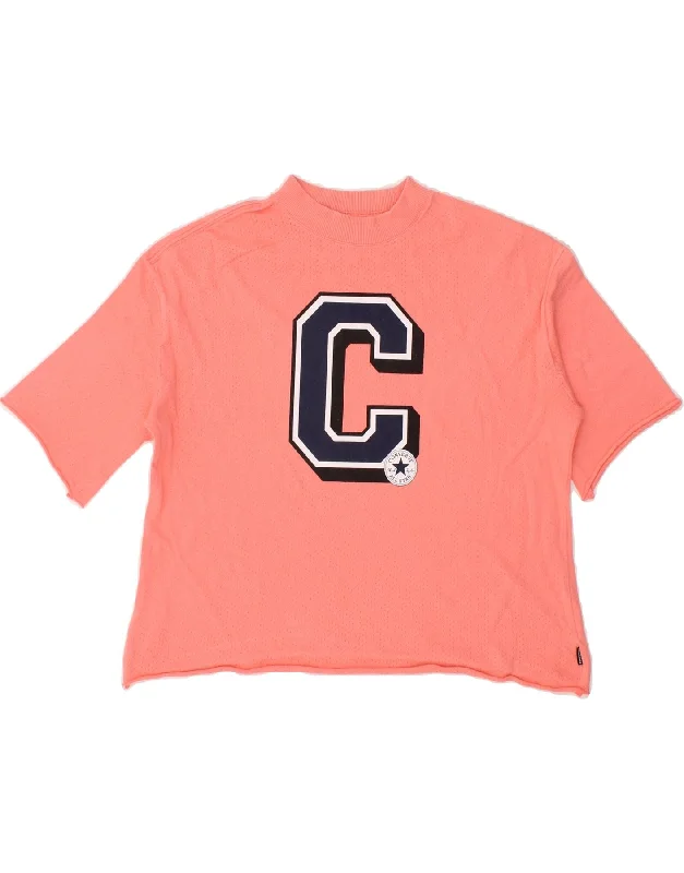 CONVERSE Womens Oversized Crop Graphic T-Shirt Top UK 10 Small Pink Print Jacquard Patchwork