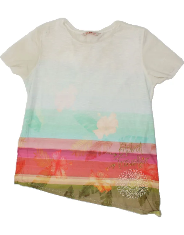 DESIGUAL Womens Graphic T-Shirt Top UK 18 XL White Striped Polyester Zippered Front Buttoned Front Snap Front