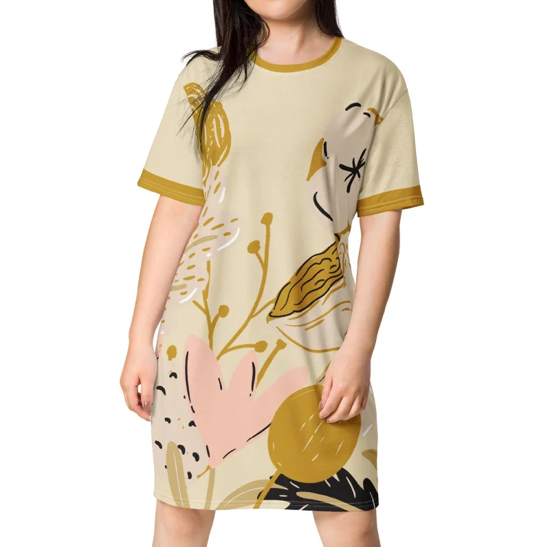 Gold & Pink Large Floral T-Shirt Dress Oversized T-Shirt Spandex breathable