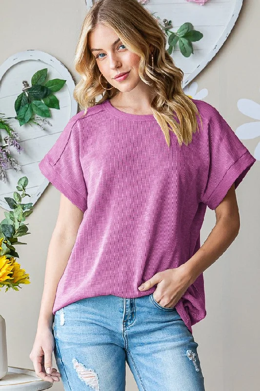 Heimish Full Size Short Sleeve Round Neck T-Shirt Ribbed T-Shirt High Neck Heavyweight
