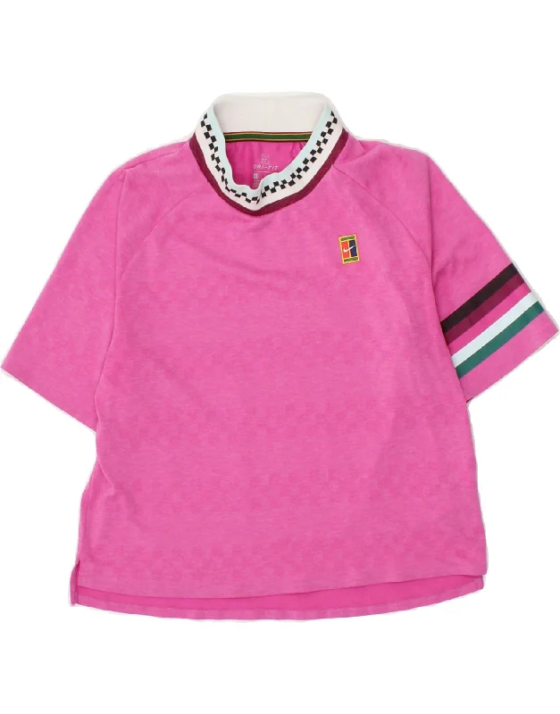 NIKE Womens Dri Fit T-Shirt Top UK 10 Small Pink Striped Polyester Terry Blend Velvet Blend Canvas Blend