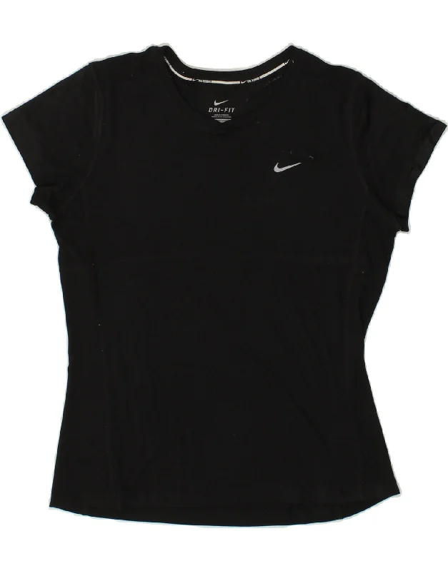 NIKE Womens Dri Fit T-Shirt Top UK 12 Medium Black Polyester Jersey Fabric Tulle Fabric Batik Fabric
