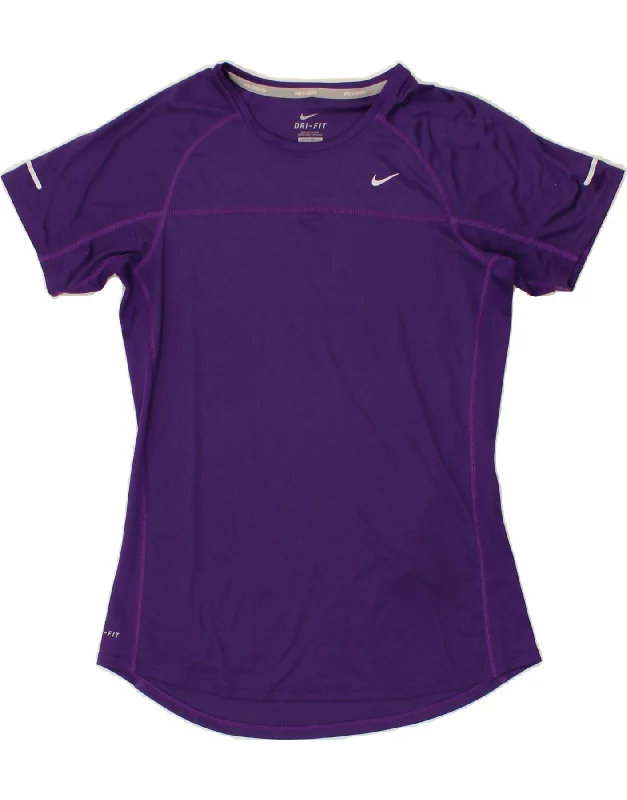 NIKE Womens Dri Fit T-Shirt Top UK 12 Medium Purple Polyester Chenille Blend Fleece Blend Nylon Blend