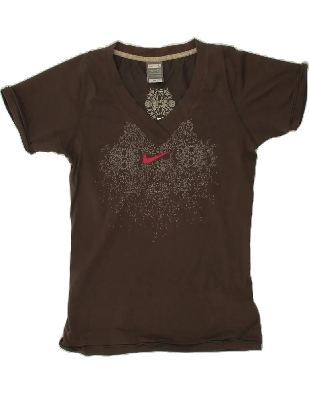 NIKE Womens Fit Dry Graphic T-Shirt Top UK 10 Small Brown Cotton Mesh Blend Leather Blend Suede Blend