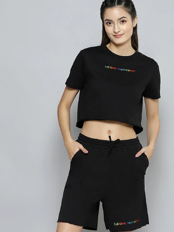 Women Black Terry Active Crop T-Shirt With Drawstring Shorts Polka Dot Checkered Tartan