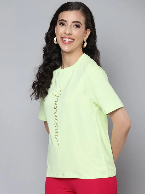 Women Mint Green Moment Gold Foil Regular T-Shirt Anti-Pilling Machine Wash Handmade