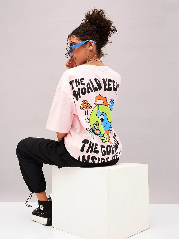 Women Pastel Pink The World Needs Oversized T-shirt Fleece Fabric Down Fabric Feather Fabric