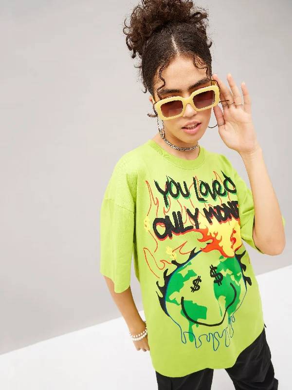 Women Green You Love Only Money Oversized T-shirt Wool Fabric Cashmere Fabric Tweed Fabric