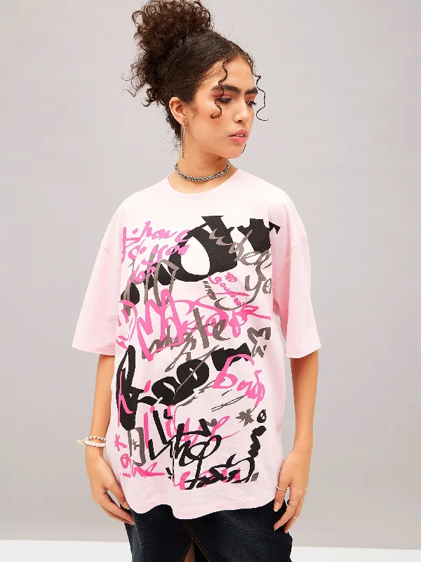 Women Pastel Pink Abstract Print Oversized T-shirt Jersey Fabric Tulle Fabric Batik Fabric