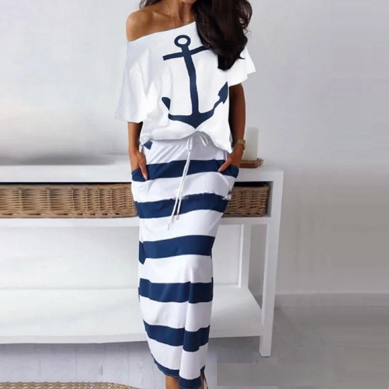 Spot Amazon Bay Navy Wind Casual Anchor Print Short Sleeve T-shirt  Skirt Set Cashmere Blend Cotton Blend Poly Blend