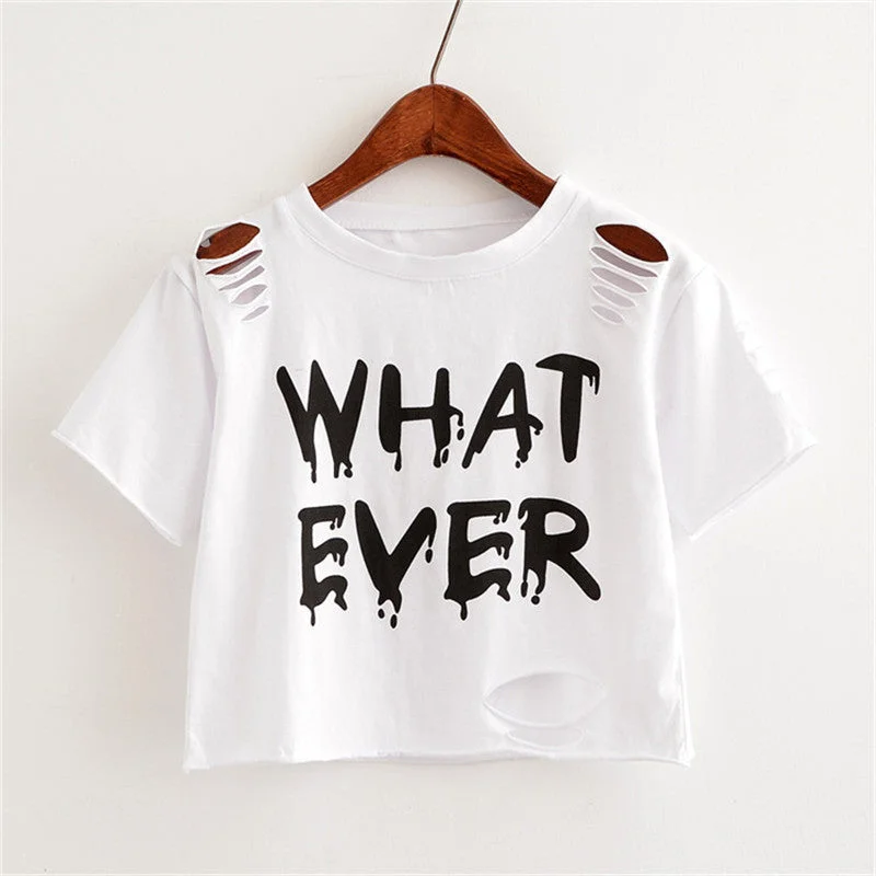 Women Crop Tops Harajuk Crew Neck Short Sleeve WHAT EVER printed T-Shirt Mesh Blend Leather Blend Suede Blend