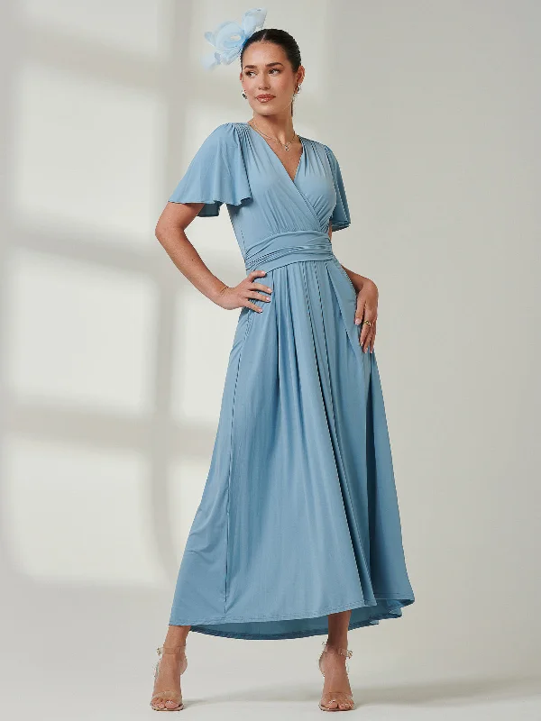 Angel Sleeve Super-Smooth Jersey Maxi Dress, Blue Stylish Pleated A-Line Maxi Dress