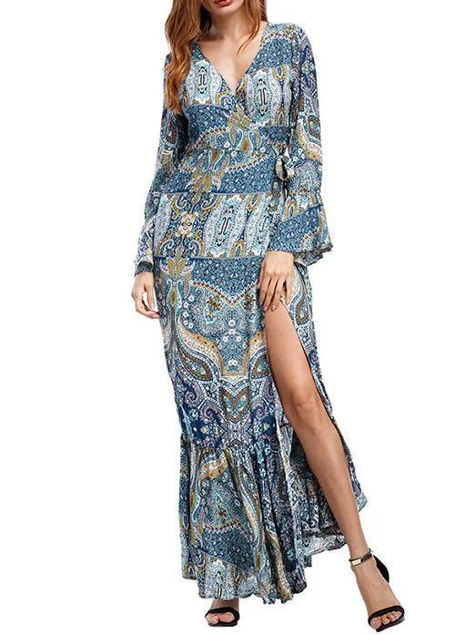 Bohemia Mermaid Split-side V-neck Maxi Dress Comfortable Plunging Neckline Maxi Dress