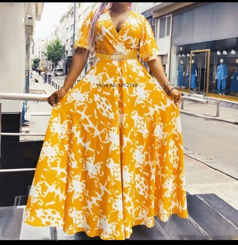 Chiffon Maxi Dress for Women Summer 2023 Elegant Ethnic Print V Neck Ruffle Short Sleeve Empire Swing African Clothing Stylish Maxi Dress with Frills