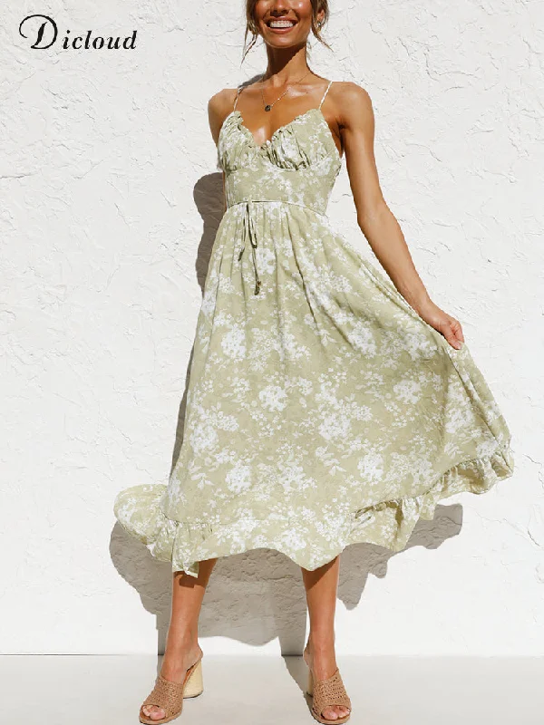 DICLOUD Chic Summer Dress Women Spaghetti Strap Sleeveless Floral Printed Ruched Party Long Maxi Dresses Sexy Vestidos Sundress Fashionable Printed Maxi Dress