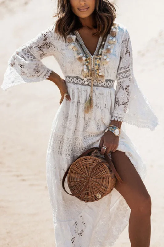 Dream Catcher Lace Patchwork Tassel Maxi Dress Chic Sleeveless Maxi Dress