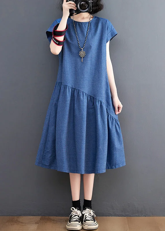 Elegant Blue O-Neck Patchwork Silk Denim Maxi Dress Summer Chic Summer Floral Maxi Dress