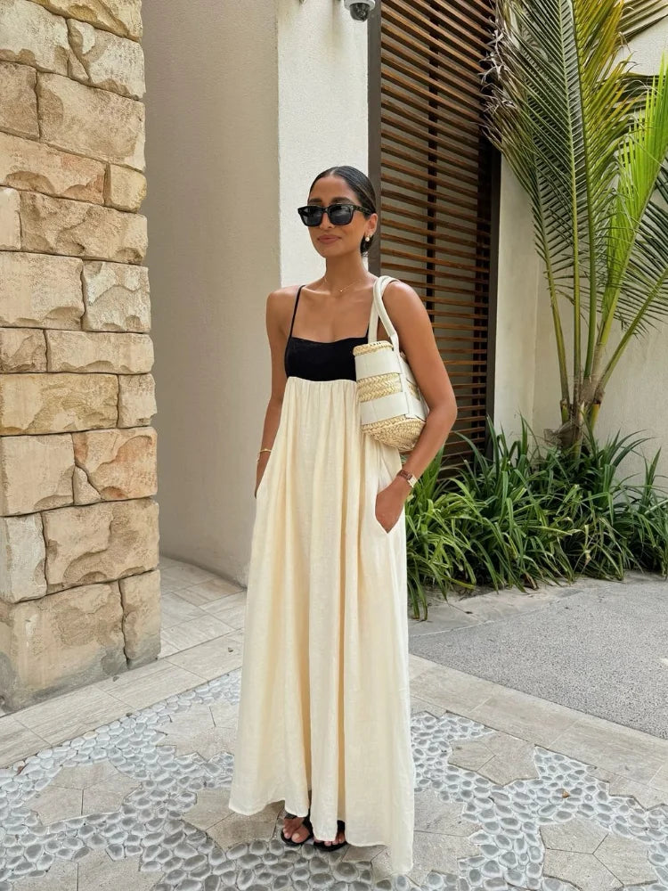 Fashion Contrasting Color Hollow Out Sling Maxi Dress Women Sexy Sleeveless Backless Loose Dresses 2024 Lady Casual Streetwear Classic Strapless Maxi Dress