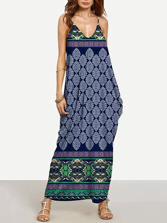 Fashion Navy Blue Bohemia Spaghetti Straps V Neck Maxi Dress Chic Off-Shoulder Maxi Dress