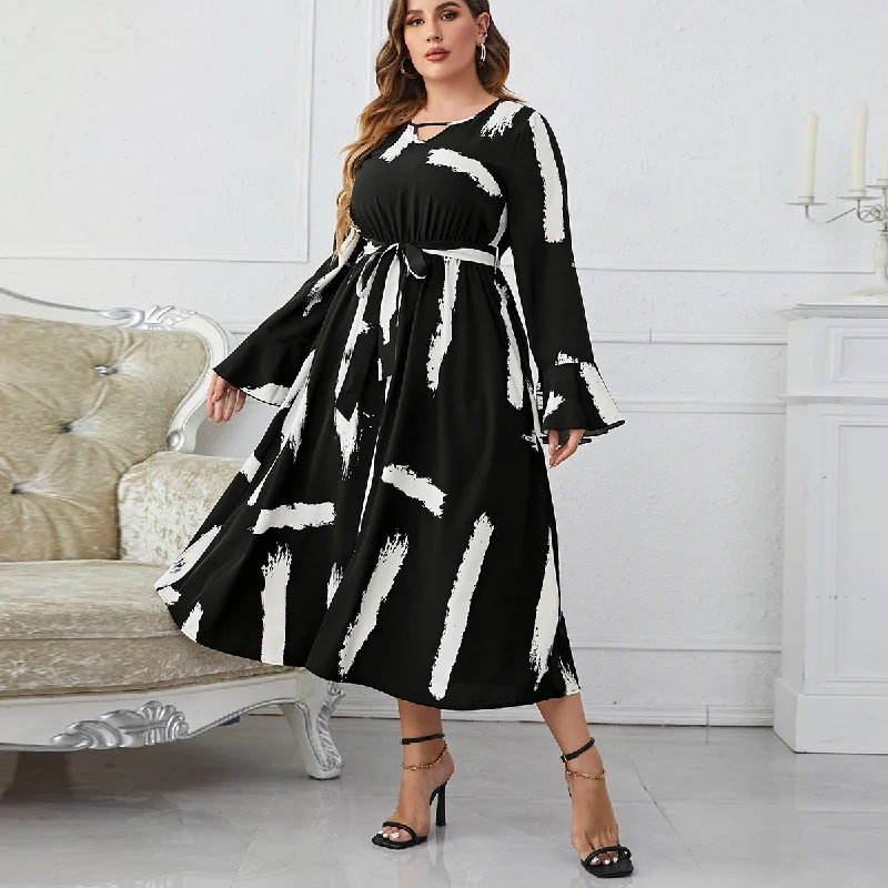 Fashion Women Casual Elegant Long Sleeved Black And White Printing Maxi Dress Stylish Boho Chic Maxi Dress