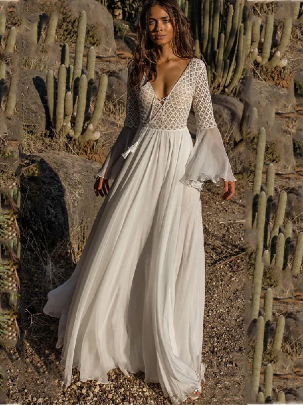 Lizakosht  Fitshinling Backless Lace Long Dress Autumn 2022 V Neck Sexy Hot Bohemian Maxi Dresses For Women Flare Sleeve White Pareos Sale Fashionable Off-Shoulder Maxi Dress