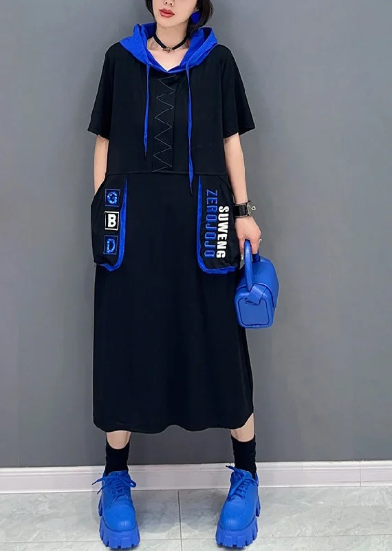 French Black Graphic Print Patchwork Vacation Hooded Maxi Dresses Short Sleeve Fashionable High-Waist Maxi Dress