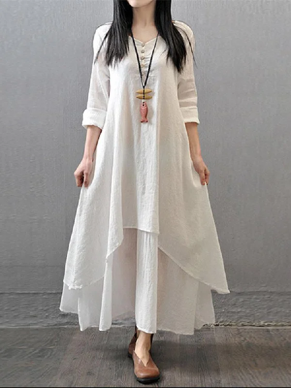 Gracila Vintage Women Long Sleeve V-Neck Irregular Maxi Dresses Cozy Maxi Dress with Slit