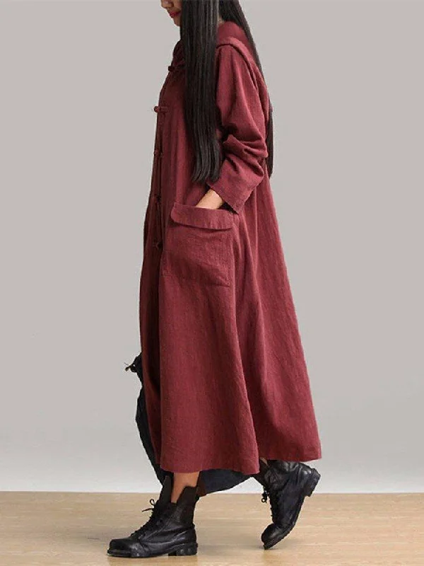 Gracila Women Vintage Plate Buckles Long Sleeve Hooded Long Maxi Dresses Comfortable Casual Maxi Dress