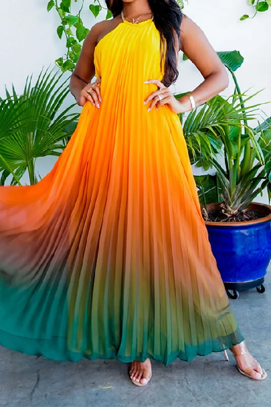 storexq Gradient Glamorous Pleated Backless Maxi Dress Stylish Maxi Dress with Frills