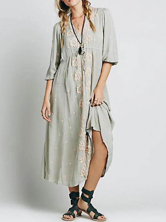 Inwrought Bohemian Half Sleeve V Neck Beach Maxi Dress Stylish One-Shoulder Maxi Dress